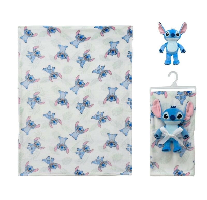 Λούτρινο Disney Home Σετ 2 Τεμ. bebe Stitch 28 Ύψος 25 cm & Κουβέρτα Coral Fleece 75X100 cm White-Blue 100% Polyester 4933660