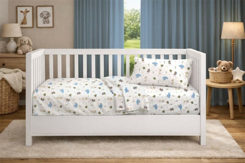 Σεντόνια Εμπριμέ Σετ 3 τεμ bebe Happy Safari 711 120X160 White-Sky Blue 100% Cotton 5310274
