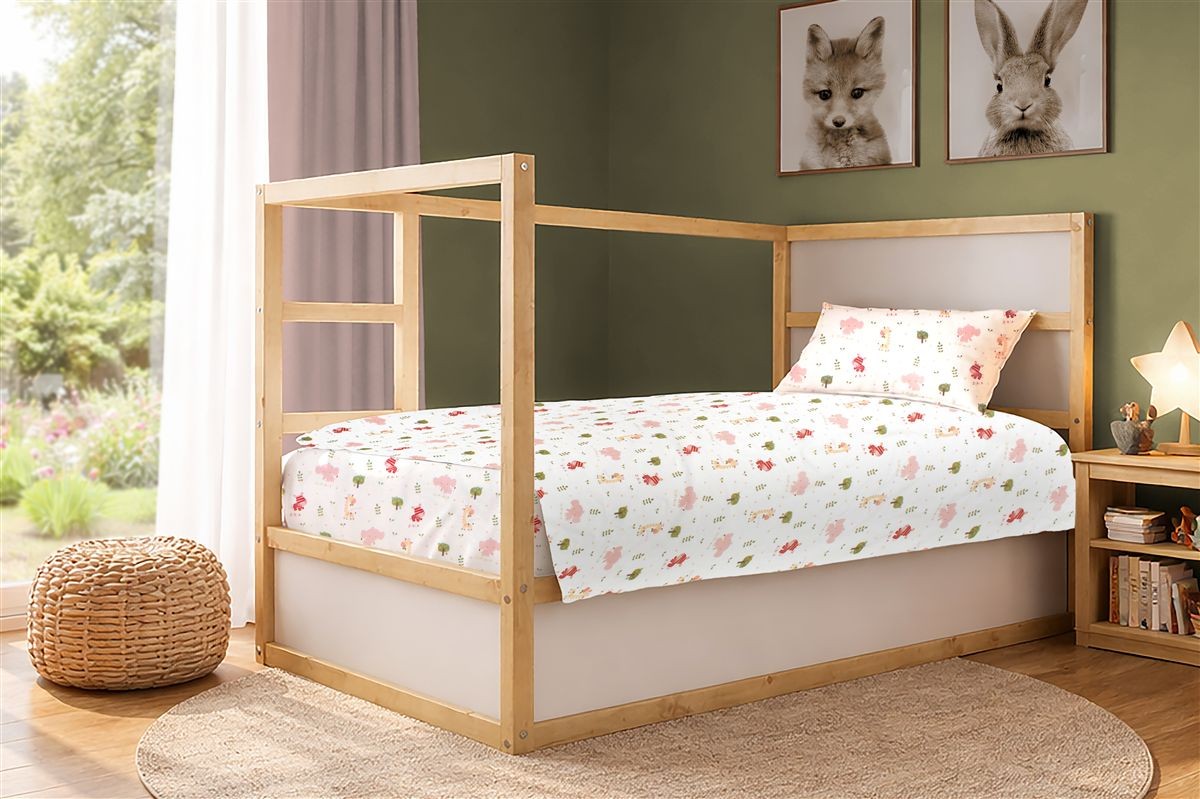 Σεντόνια Εμπριμέ Σετ 3 τεμ kids Happy Safari 712 160X240 White-Pink 100% Cotton