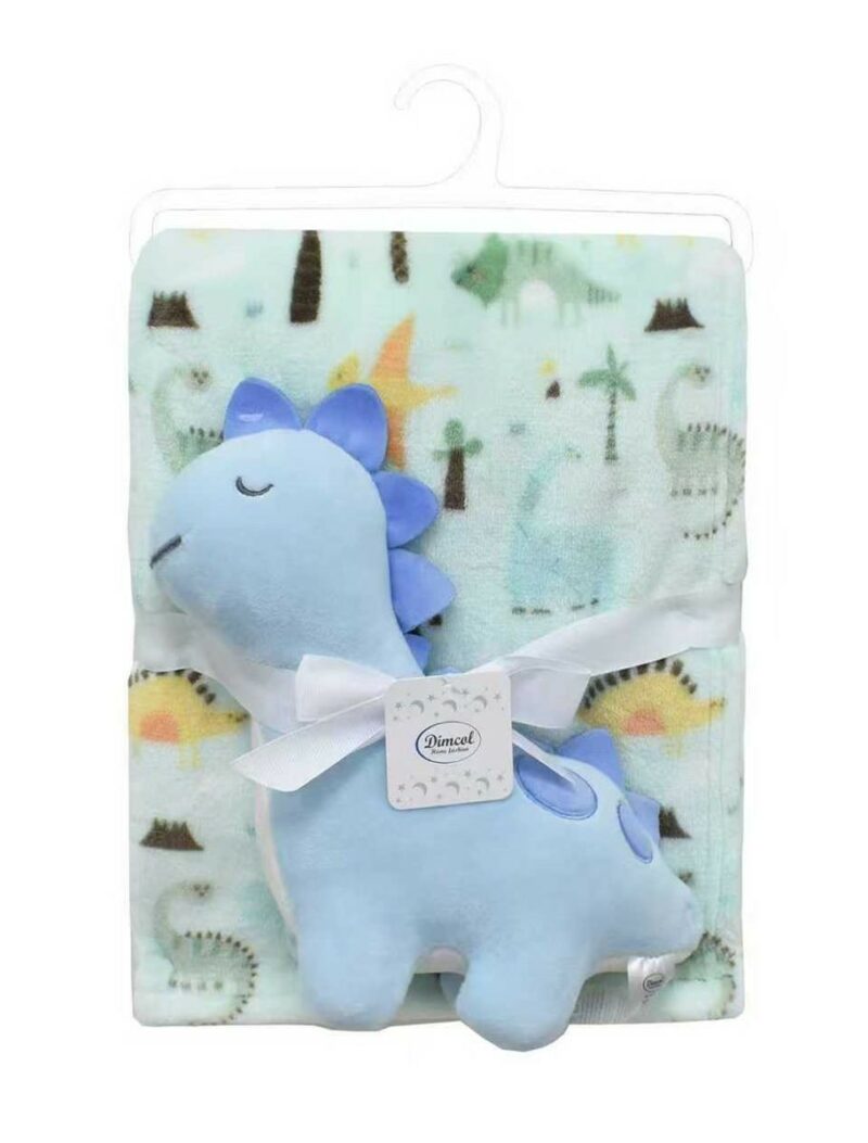 Λούτρινο Ζωάκι Σετ 2 Τεμ. bebe Dinosaur 22 Ύψος 25 cm & Εμπριμέ Κουβέρτα Coral Fleece 75×100 cm Sky Blue 100% Polyester 5593004