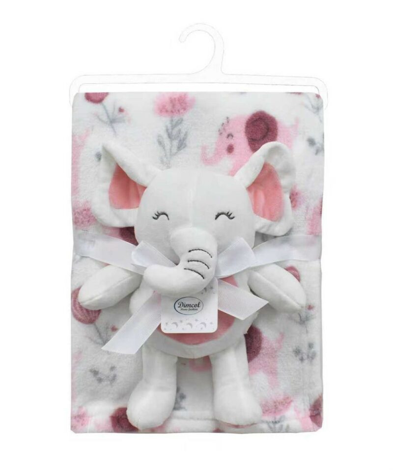 Λούτρινο Ζωάκι Σετ 2 Τεμ. bebe Elephant 20 Ύψος 25 cm & Εμπριμέ Κουβέρτα Coral Fleece 75×100 cm White-Pink 100% Polyester 5592999