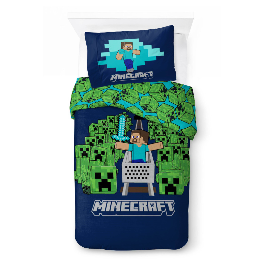 Minecraft Game Over Creepers Διπλής Όψης Σετ Μονή Παπλωματοθήκη Βαμβακερή 2 Τεμαχίων 140×200 και 70×90 cm
