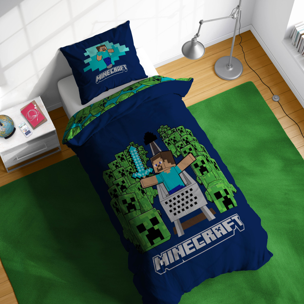 Minecraft Game Over Creepers Διπλής Όψης Σετ Μονή Παπλωματοθήκη Βαμβακερή 2 Τεμαχίων 140×200 και 70×90 cm