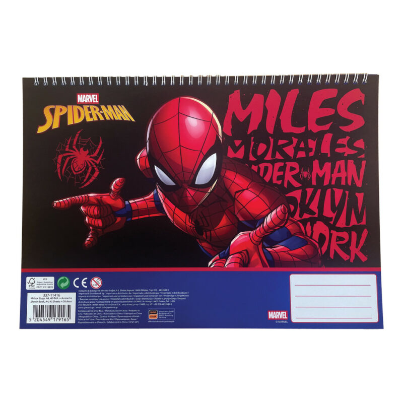 Spiderman Miles Morales A4 Σπιράλ Μπλοκ Ζωγραφικής 40 Φύλλα με Αυτοκόλλητα 5901421