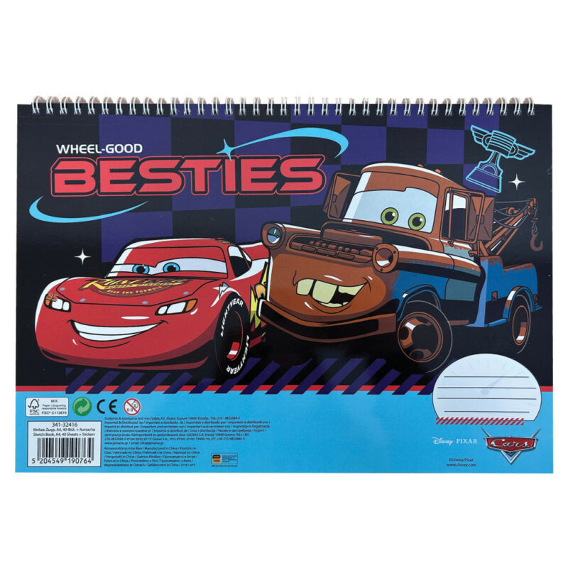 Disney Cars Roaring A4 Σπιράλ Μπλοκ Ζωγραφικής 40 Φύλλα με Αυτοκόλλητα 5901365