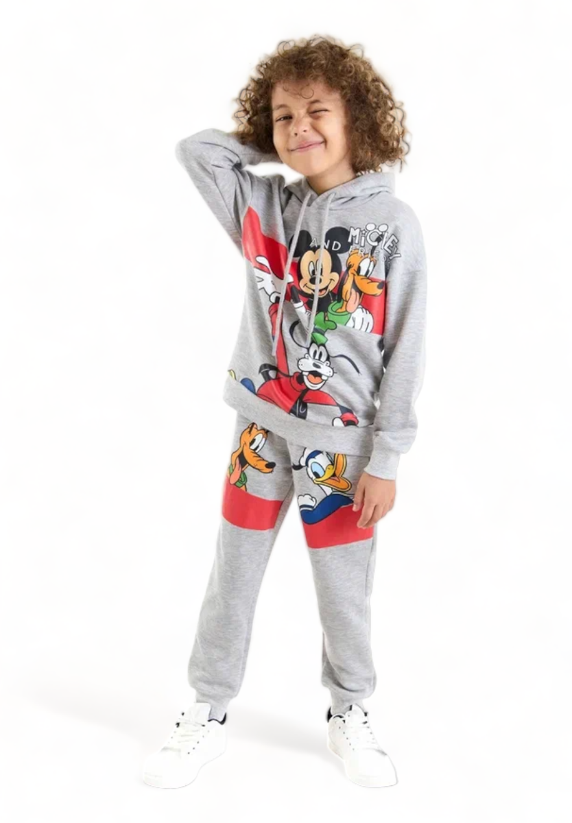 Φόρμα βαμβακερή για αγόρι Cimpa Disney Mickey Goofy Pluto με κουκούλα σε γκρί Γκρι