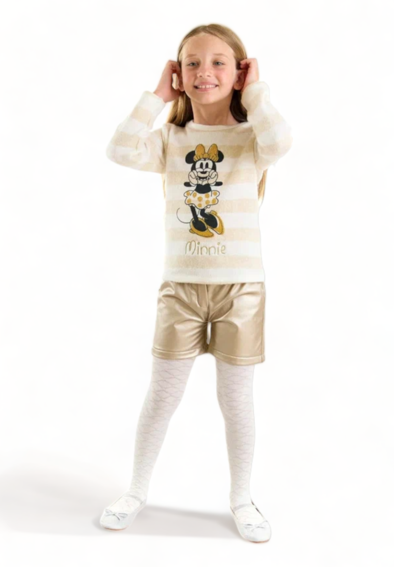 Σετ για κορίτσι Cimpa Minnie Mouse με μπλούζα,σορτς και καλσόν Εκρου-χρυσό