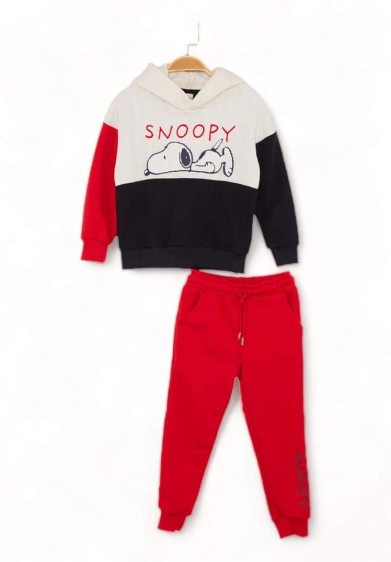Σετ Cimpa Παιδική φόρμα Snoopy με κουκούλα σε τρίχρωμο φούτερ με κόκκινο παντελόνι