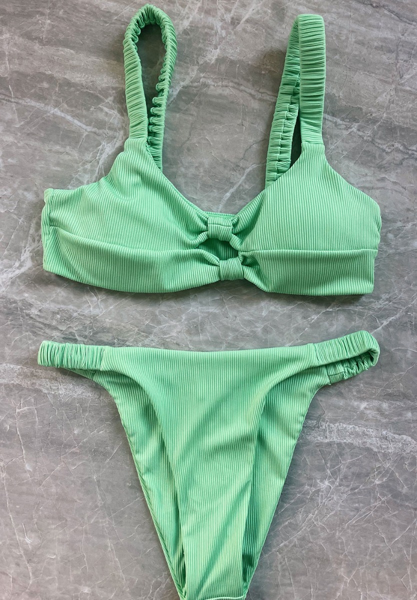 Ribbed Double Twist High Cut Bikini Swimwear - Light Green Λαχανί