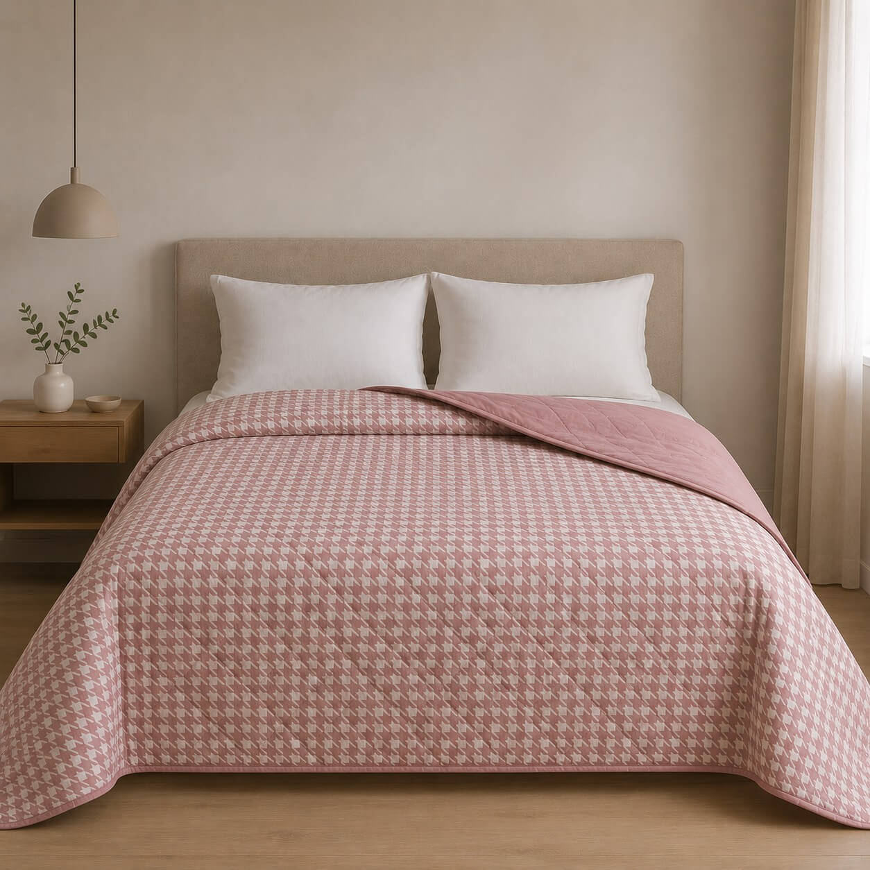 Κουβερλι Υπέρδιπλα 220x240 Pied De Poule Dusty Rose
